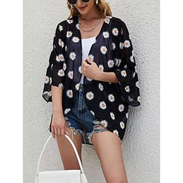 Chunoy Women's Summer Short Sleeve Daisy Floral Printed Sheer Tops Beach Wear Chiffon Kimono Cover U...