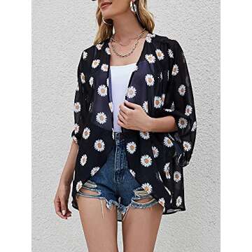 Chunoy Women's Summer Short Sleeve Daisy Floral Printed Sheer Tops Beach Wear Chiffon Kimono Cover Up Black Large