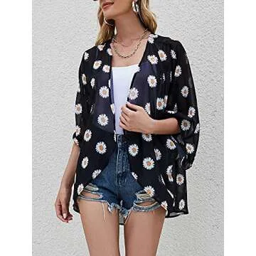 Chunoy Women's Summer Short Sleeve Daisy Floral Printed Sheer Tops Beach Wear Chiffon Kimono Cover Up Black Large