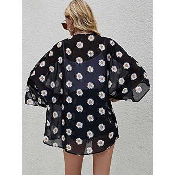 Chunoy Women's Summer Short Sleeve Daisy Floral Printed Sheer Tops Beach Wear Chiffon Kimono Cover Up Black Large