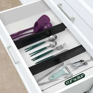 Utoplike 4 pcs Bamboo Kitchen Drawer Dividers Large, Adjustable Black Drawer Organizers, Spring Loaded, Works in Kitchen, Dresser, Bathroom, Bedroom, Drawer, Desk