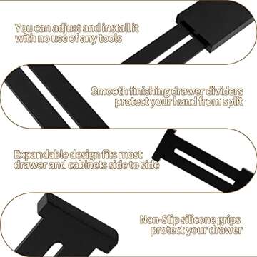 Utoplike 4 pcs Bamboo Kitchen Drawer Dividers Large, Adjustable Black Drawer Organizers, Spring Loaded, Works in Kitchen, Dresser, Bathroom, Bedroom, Drawer, Desk