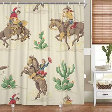 VeiVian Western Cowboy Shower Curtain, Western Cowboy Riding Horse in Wild Tropical Cactus Desert Sh...