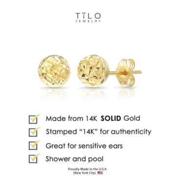 14k Yellow Gold Diamond-cut Ball Stud Earrings Perfect Gift