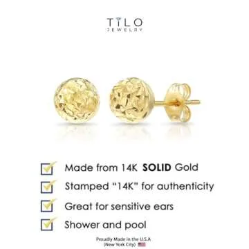 14k Yellow Gold Diamond-cut Ball Stud Earrings Perfect Gift