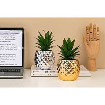 Golden Pineapple Ananas Potted Artificial Plant Faux Succulents Home Office Tabletop Decoration (Gold)