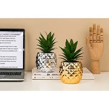 Golden Pineapple Ananas Potted Artificial Plant Faux Succulents Home Office Tabletop Decoration (Gold)