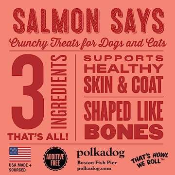 Polkadog Salmon Says Bone Shaped Treats - Omega-3 Rich, Low Fat Healthy Dog Treat - Digestible, Vitamin & Mineral Packed Dog Snacks - Crunchy 3-Ingredient Treat, Ideal for Dogs with Allergies - 7 oz