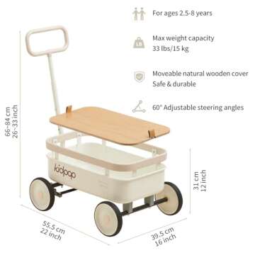 PULA-Wild 3-in-1 Kids' Pull-Along Wagon Toddlers Push Walker for 2.5-8, Removable Wooden Cover and A...
