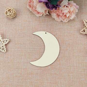 40pcs Moon Wood DIY Crafts Cutouts Wooden Moon Shaped Hanging Ornaments with Hole Hemp Ropes Wood Tags for Wedding Birthday Baby Shower Christmas Decorations