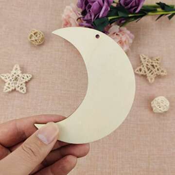 40pcs Moon Wood DIY Crafts Cutouts Wooden Moon Shaped Hanging Ornaments with Hole Hemp Ropes Wood Tags for Wedding Birthday Baby Shower Christmas Decorations