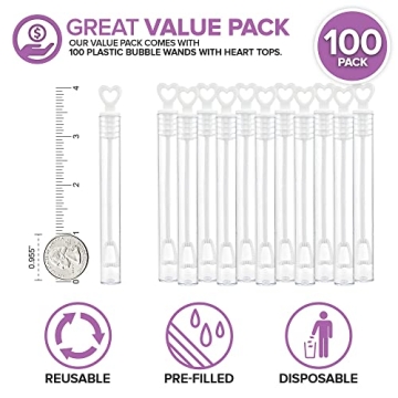 Heart-Topped Bubble Wands - 100 Count Wedding Party Favors