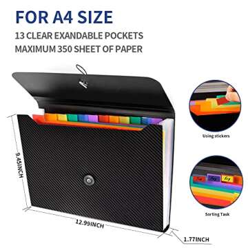 Expanding File Folder, 13 Pockets Accordion File Holder Organizer, A4 Letter Size Paper Document Receipt Organizer Accordian Filing Folder for Classroom, Home, Office and Travel