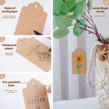 Koogel 160PCS Kraft Paper Gift Tags with Strings,3.3x1.8 Inch Brown Blank Tags Hanging Labels for Gift Bags Box Name Tags Clothes Price Tags