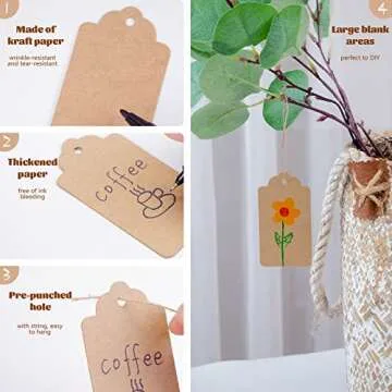 Koogel 160PCS Kraft Paper Gift Tags with Strings,3.3x1.8 Inch Brown Blank Tags Hanging Labels for Gift Bags Box Name Tags Clothes Price Tags