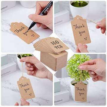 Koogel 160PCS Kraft Paper Gift Tags with Strings,3.3x1.8 Inch Brown Blank Tags Hanging Labels for Gift Bags Box Name Tags Clothes Price Tags