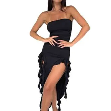Women Bodycon Tube Dress - Stylish Strapless Midi with High Split