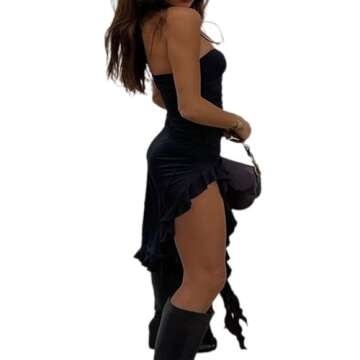 Women Bodycon Tube Dress Strapless High Split Ruched Y2K Ruffle Bodycon Midi Dresses Black M