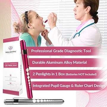 PENLIGHTPro Pen Light LED with Pupil Gauge Essential for Nurses Nursing Doctors Medical Students, 2 Premium Reusable Penlights, Lightweight Tactical Flashlight, Silver/Fuchsia