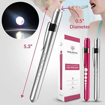 PENLIGHTPro Pen Light LED with Pupil Gauge Essential for Nurses Nursing Doctors Medical Students, 2 Premium Reusable Penlights, Lightweight Tactical Flashlight, Silver/Fuchsia