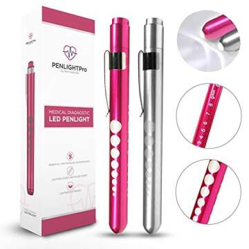 PENLIGHTPro Pen Light LED with Pupil Gauge Essential for Nurses Nursing Doctors Medical Students, 2 Premium Reusable Penlights, Lightweight Tactical Flashlight, Silver/Fuchsia