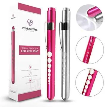 PENLIGHTPro Pen Light LED with Pupil Gauge Essential for Nurses Nursing Doctors Medical Students, 2 Premium Reusable Penlights, Lightweight Tactical Flashlight, Silver/Fuchsia