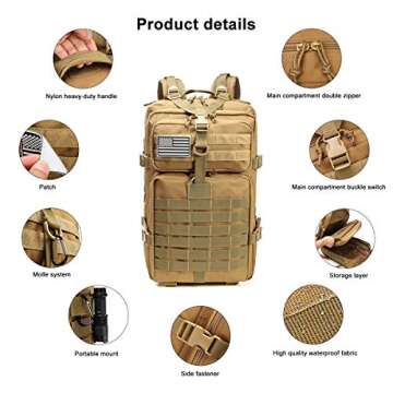ROARING FIRE Tactical Backpack. Expandable Molle Backpack for The Outdoor, Hiking, 3 Day Pack, Bug Out Bag, Trekking, Hunting or Tactical Uses 45L (Desert Tan)