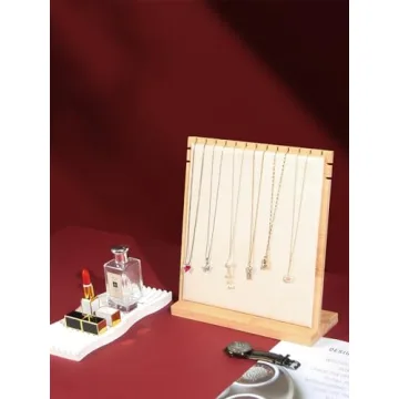 Justsoso Bamboo Necklace Display Stand, Wood Jewellery Necklace Holder, Chain Jewelry Rack Organizer, Tabletop Display Boards for Home or Shop Sell Show (Beige Velvet)