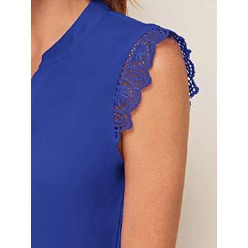 Milumia Women's Elegant Notch V Neck Sleeveless Blouse Guipure Lace Work Office Top (Royal Blue, Large, Sleeveless)