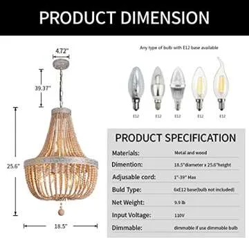 cloylinc 6-Lights Farmhouse Boho Wood Bead Chandelier,Modern Natural Wooden Beaded Pendant Light Fix...