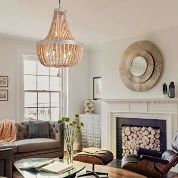 cloylinc 6-Lights Farmhouse Boho Wood Bead Chandelier,Modern Natural Wooden Beaded Pendant Light Fixture,E12 Adjustable Pendant Lighting for Dining Room Living Room Bedroom