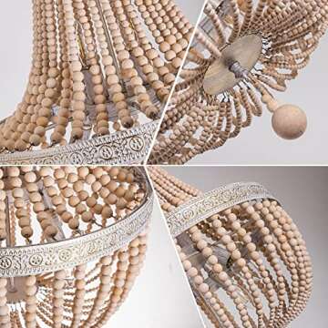 cloylinc 6-Lights Farmhouse Boho Wood Bead Chandelier,Modern Natural Wooden Beaded Pendant Light Fixture,E12 Adjustable Pendant Lighting for Dining Room Living Room Bedroom