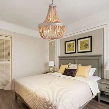 cloylinc 6-Lights Farmhouse Boho Wood Bead Chandelier,Modern Natural Wooden Beaded Pendant Light Fixture,E12 Adjustable Pendant Lighting for Dining Room Living Room Bedroom