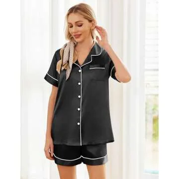 Ekouaer Satin Pajama Sets for Women Silk Pjs Short Sleeve Button Down Sleepwear Top and Shorts Two Piece Lounge Set,Black,S