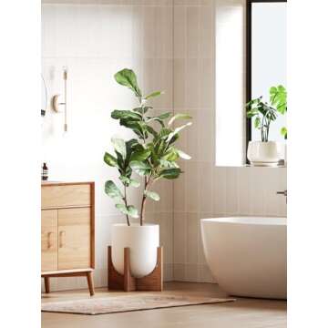 LE TAUCI 12 Inch Pots for Plants with Acacia Wood Stand, Ceramic Large Planters for Indoor Plants, I...