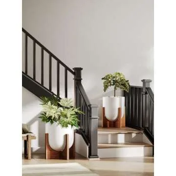 LE TAUCI 12 Inch Pots for Plants with Acacia Wood Stand, Ceramic Large Planters for Indoor Plants, Indoor Plant Pots for Office Living Room, Cylinder Pots for Plants with Drainage Hole and Plug, White