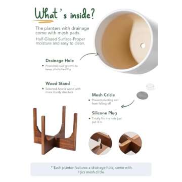 LE TAUCI 12 Inch Pots for Plants with Acacia Wood Stand, Ceramic Large Planters for Indoor Plants, Indoor Plant Pots for Office Living Room, Cylinder Pots for Plants with Drainage Hole and Plug, White