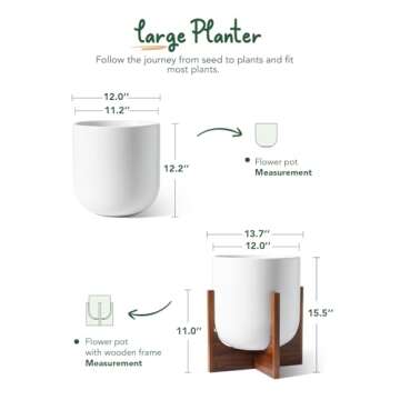 LE TAUCI 12 Inch Pots for Plants with Acacia Wood Stand, Ceramic Large Planters for Indoor Plants, Indoor Plant Pots for Office Living Room, Cylinder Pots for Plants with Drainage Hole and Plug, White