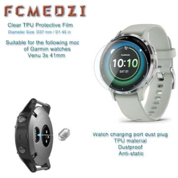 FCMEDZI Smartwatch Clear TPU Protective Film for Garmin Venu 3s Screen Protectors Bubble-Free Installation High-Definition and Charging Dust Plug（Pack of 4+4）【It's Not Glass】