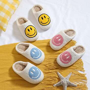 KEYUSHOP Happy Face Slippers for Kids Smile Face House Slippers Soft Plush Warm Preppy Slipper Anti-Slip Winter Fuzzy House Shoes for Toddler Girls