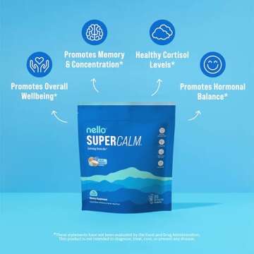 Nello Supercalm Powdered Drink Mix, Blue Coconut, L Theanine, Ksm-66 Ashwagandha, Magnesium Glycinate, Vitamin D 3, Supplements for Relaxation & Focus, No Sugar, Non GMO, On The Go, 20 Srvgs