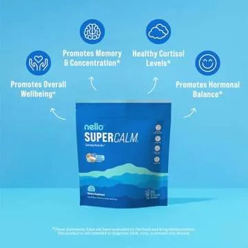 Nello Supercalm Powdered Drink Mix, Blue Coconut, L Theanine, Ksm-66 Ashwagandha, Magnesium Glycinate, Vitamin D 3, Supplements for Relaxation & Focus, No Sugar, Non GMO, On The Go, 20 Srvgs