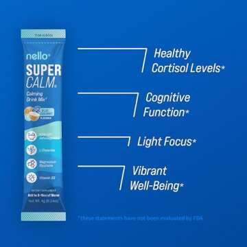 Nello Supercalm Powdered Drink Mix, Blue Coconut, L Theanine, Ksm-66 Ashwagandha, Magnesium Glycinate, Vitamin D 3, Supplements for Relaxation & Focus, No Sugar, Non GMO, On The Go, 20 Srvgs