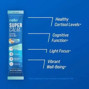 Nello Supercalm Powdered Drink Mix, Blue Coconut, L Theanine, Ksm-66 Ashwagandha, Magnesium Glycinate, Vitamin D 3, Supplements for Relaxation & Focus, No Sugar, Non GMO, On The Go, 20 Srvgs