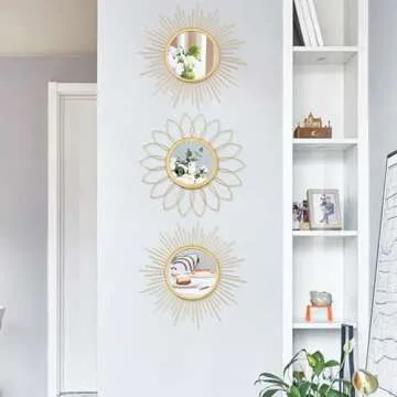 3 Pack Metal Mirrors for Wall Sunburst Wall Mirrors Home Décor Decorative Hanging Wall Art for Living Room Bedroom Entryway (Gold, Flower+Sunburst)