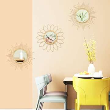 3 Pack Metal Mirrors for Wall Sunburst Wall Mirrors Home Décor Decorative Hanging Wall Art for Living Room Bedroom Entryway (Gold, Flower+Sunburst)