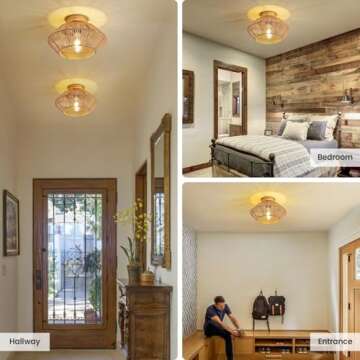 APBEAMLighting 12.6" Rattan Light Fixture, Boho Ceiling Light Fixture, Woven Light Fixture Flush Mou...
