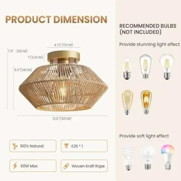 APBEAMLighting 12.6" Rattan Light Fixture, Boho Ceiling Light Fixture, Woven Light Fixture Flush Mount Rattan, Bedroom Ceiling Light, Gold Farmhouse Chandelier for Kitchen Dining Room Entryway Nursery