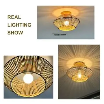 APBEAMLighting 12.6" Rattan Light Fixture, Boho Ceiling Light Fixture, Woven Light Fixture Flush Mount Rattan, Bedroom Ceiling Light, Gold Farmhouse Chandelier for Kitchen Dining Room Entryway Nursery