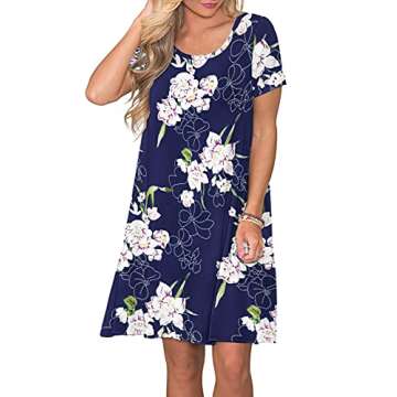 WNEEDU Women's Summer Casual T Shirt Dresses Short Sleeve Swing Dress with Pockets (L, Floral Navy B...